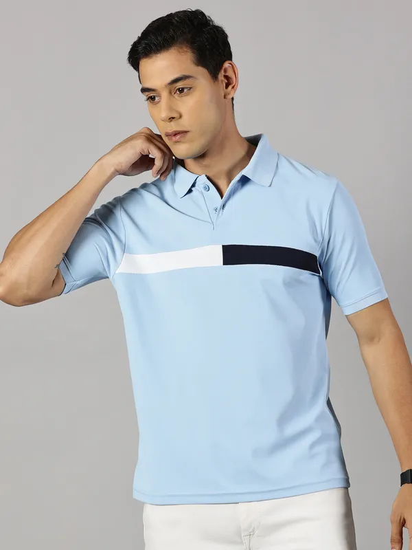 Light_Blue_Polyester_Striped_Polo_Neck_Slim_Fit_Short_Sleeve_T-Shirt_For_Men