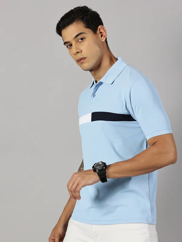 Light_Blue_Polyester_Striped_Polo_Neck_Slim_Fit_Short_Sleeve_T-Shirt_For_Men
