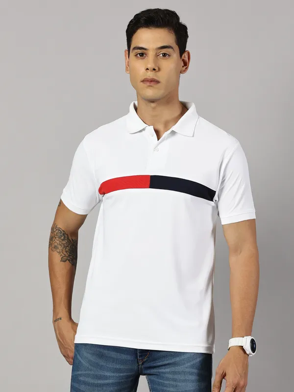 White_Polyester_Striped_Polo_Neck_Slim_Fit_Short_Sleeve_T-Shirt_For_Men