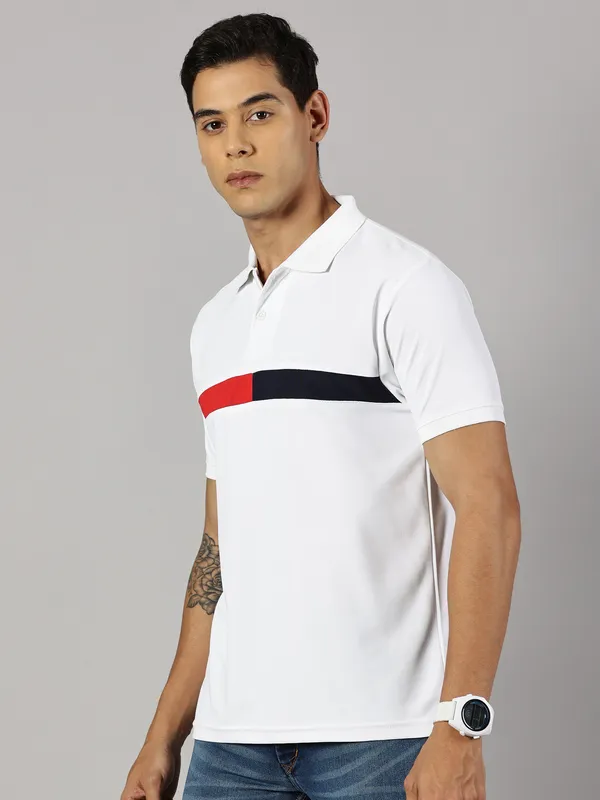 White_Polyester_Striped_Polo_Neck_Slim_Fit_Short_Sleeve_T-Shirt_For_Men
