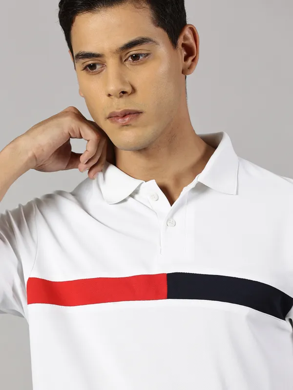 White_Polyester_Striped_Polo_Neck_Slim_Fit_Short_Sleeve_T-Shirt_For_Men