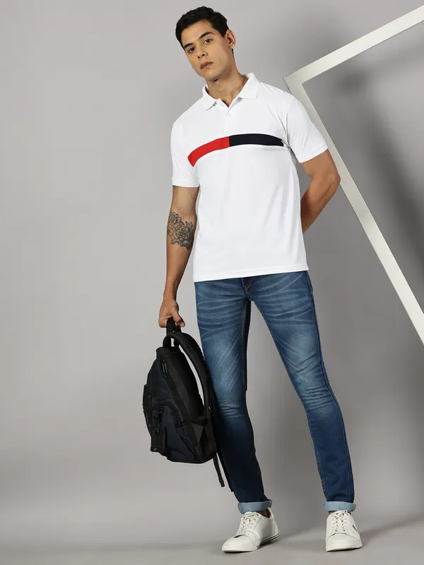 White_Polyester_Striped_Polo_Neck_Slim_Fit_Short_Sleeve_T-Shirt_For_Men