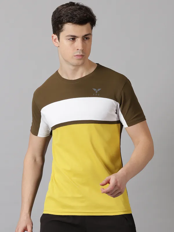 Dark_Green_&_Yellow_Polyester_Colorblock_Round_Neck_Slim_Fit_Short_Sleeve_T-Shirt_For_Men