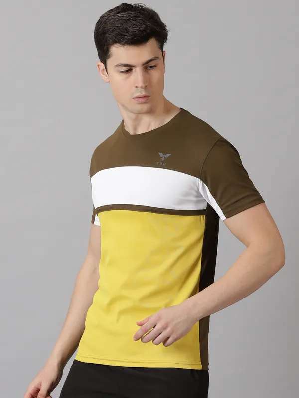 Dark_Green_&_Yellow_Polyester_Colorblock_Round_Neck_Slim_Fit_Short_Sleeve_T-Shirt_For_Men