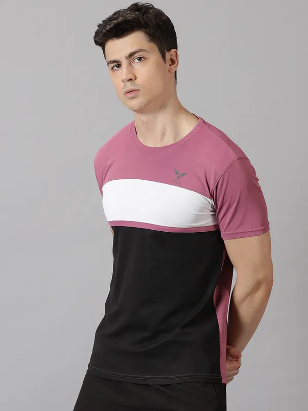 Pink_&_Black_Polyester_Colorblock_Round_Neck_Slim_Fit_Short_Sleeve_T-Shirt_For_Men
