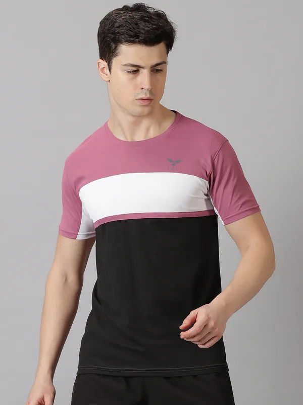 Pink_&_Black_Polyester_Colorblock_Round_Neck_Slim_Fit_Short_Sleeve_T-Shirt_For_Men
