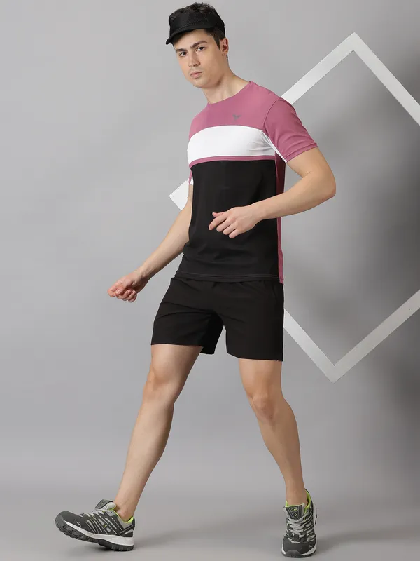 Pink_&_Black_Polyester_Colorblock_Round_Neck_Slim_Fit_Short_Sleeve_T-Shirt_For_Men