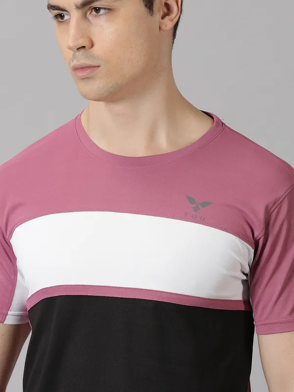 Pink_&_Black_Polyester_Colorblock_Round_Neck_Slim_Fit_Short_Sleeve_T-Shirt_For_Men