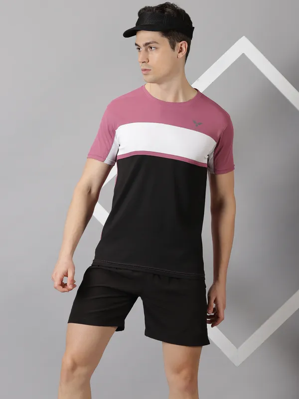Pink_&_Black_Polyester_Colorblock_Round_Neck_Slim_Fit_Short_Sleeve_T-Shirt_For_Men