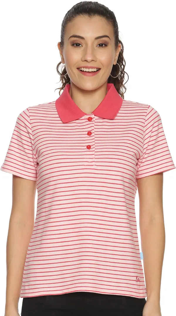 Orange_&_White_Pure_Cotton_Striped_Polo_Neck_Slim_Fit_Short_Sleeve_T-Shirt_For_Women