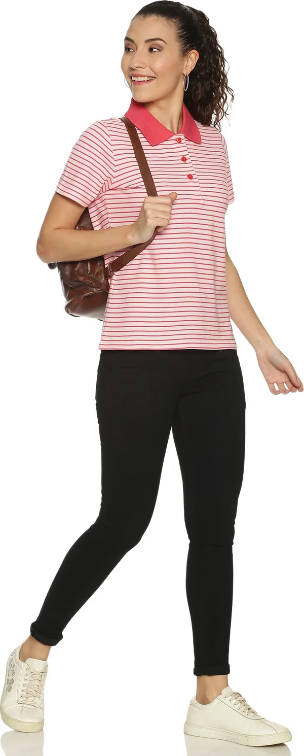 Orange_&_White_Pure_Cotton_Striped_Polo_Neck_Slim_Fit_Short_Sleeve_T-Shirt_For_Women