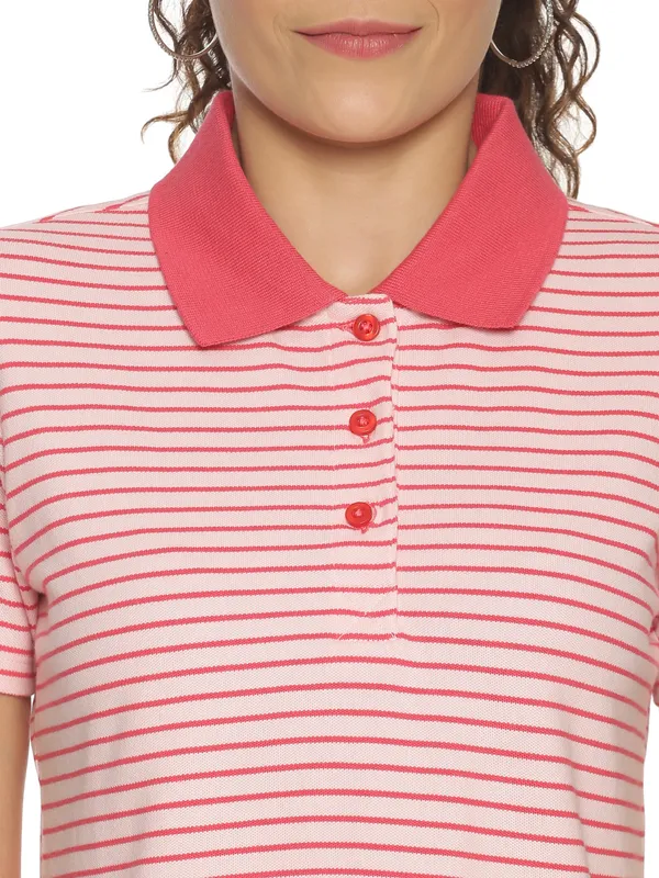 Orange_&_White_Pure_Cotton_Striped_Polo_Neck_Slim_Fit_Short_Sleeve_T-Shirt_For_Women