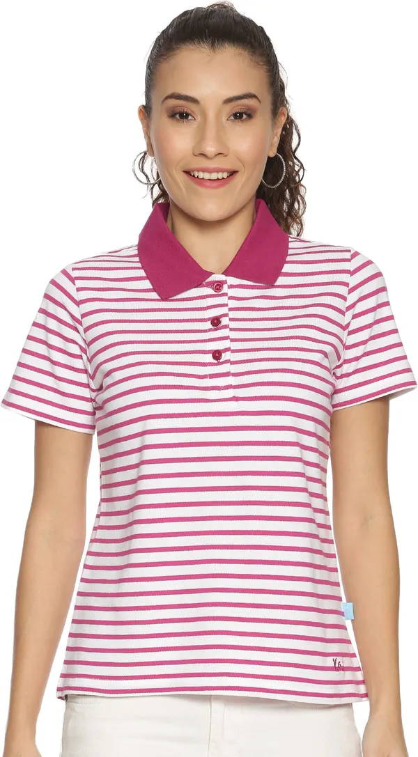 Pink_&_White_Pure_Cotton_Striped_Polo_Neck_Slim_Fit_Short_Sleeve_T-Shirt_For_Women
