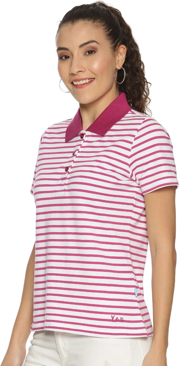 Pink_&_White_Pure_Cotton_Striped_Polo_Neck_Slim_Fit_Short_Sleeve_T-Shirt_For_Women