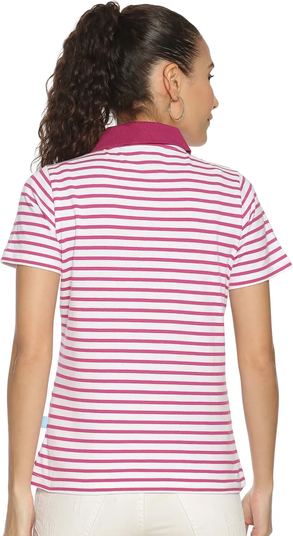 Pink_&_White_Pure_Cotton_Striped_Polo_Neck_Slim_Fit_Short_Sleeve_T-Shirt_For_Women