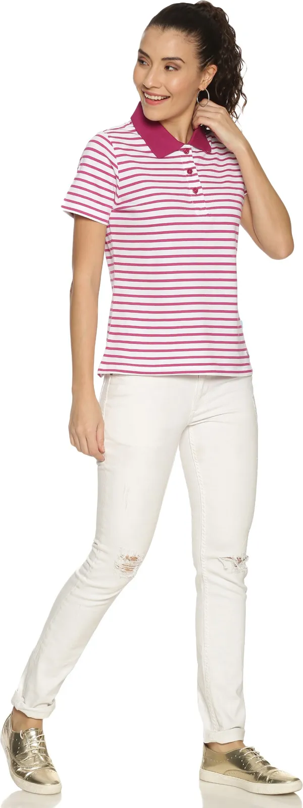 Pink_&_White_Pure_Cotton_Striped_Polo_Neck_Slim_Fit_Short_Sleeve_T-Shirt_For_Women