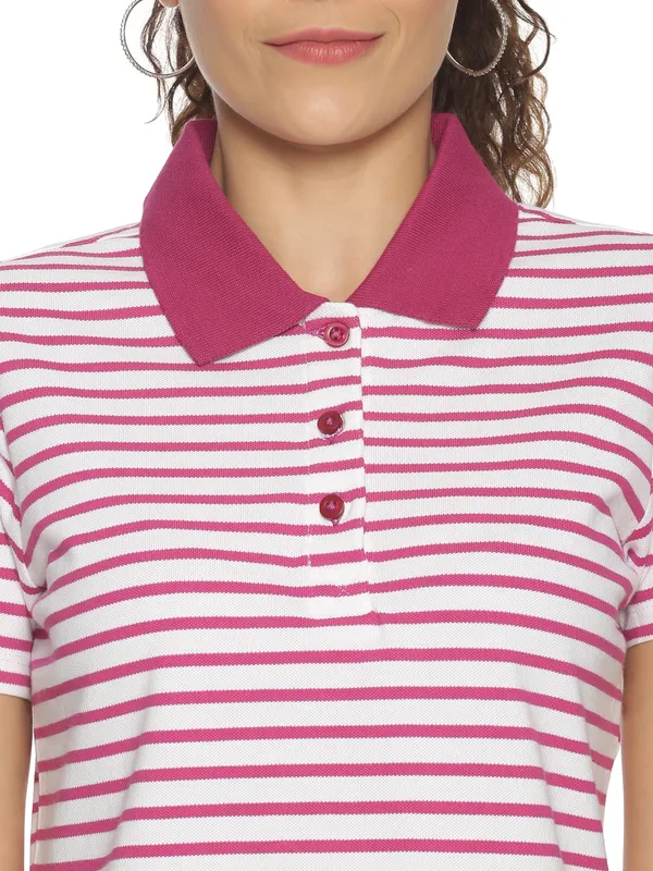 Pink_&_White_Pure_Cotton_Striped_Polo_Neck_Slim_Fit_Short_Sleeve_T-Shirt_For_Women