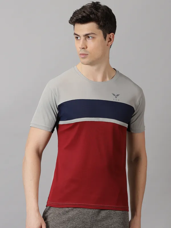 Silver_&_Maroon_Polyester_Colorblock_Round_Neck_Slim_Fit_Short_Sleeve_T-Shirt_For_Men