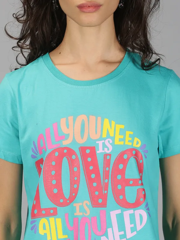Green_Pure_Cotton_Graphic_Print_Round_Neck_Slim_Fit_Short_Sleeve_T-Shirt_For_Women