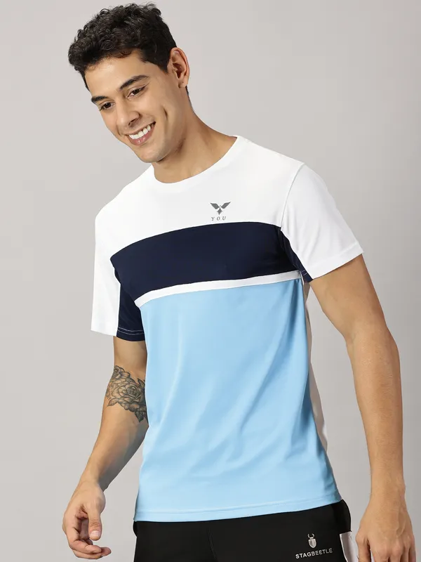 White_&_Light_Blue_Polyester_Colorblock_Round_Neck_Slim_Fit_Short_Sleeve_T-Shirt_For_Men