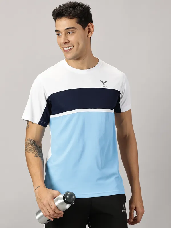 White_&_Light_Blue_Polyester_Colorblock_Round_Neck_Slim_Fit_Short_Sleeve_T-Shirt_For_Men