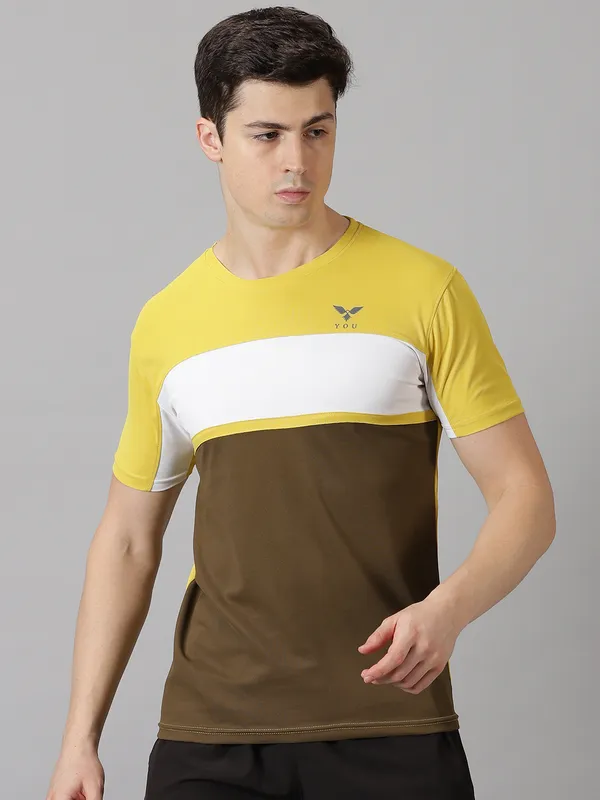 Yellow_&_Green_Polyester_Colorblock_Round_Neck_Slim_Fit_Short_Sleeve_T-Shirt_For_Men