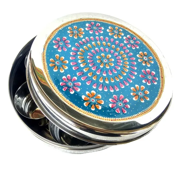 Turquoise_Stainless_Steel_Masala/Spice_Box_Indian_Size_(8X8__Hand_Painted)