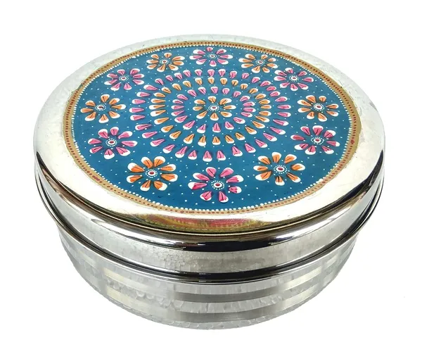 Turquoise_Stainless_Steel_Masala/Spice_Box_Indian_Size_(8X8__Hand_Painted)