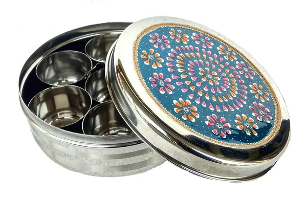 Turquoise_Stainless_Steel_Masala/Spice_Box_Indian_Size_(8X8__Hand_Painted)