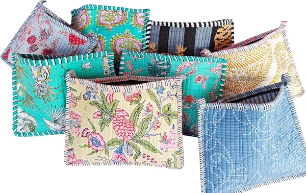 Floral_Print_Quilted_Cosmetic_Pouches_8X6_Inches_Unique_Mix_Assorted_Cotton_Multicolor_Design_2Pcs_Make_Up_Organizer_Currency_Bag_Storage_Bags_with_Zipper_Closure