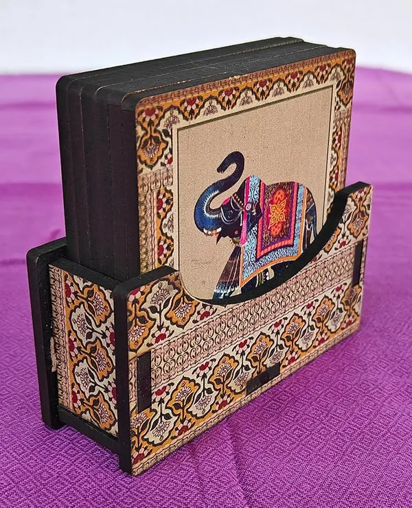 Rastogi_Handicrafts_Coaster_Set_of_6_Colorful_India_Theme_Design_Wooden_Coasters_to_Serve_Tea_Cups,_Coffee_Mugs_and_Glasses_(Blue_Ele_Coaster_Set)