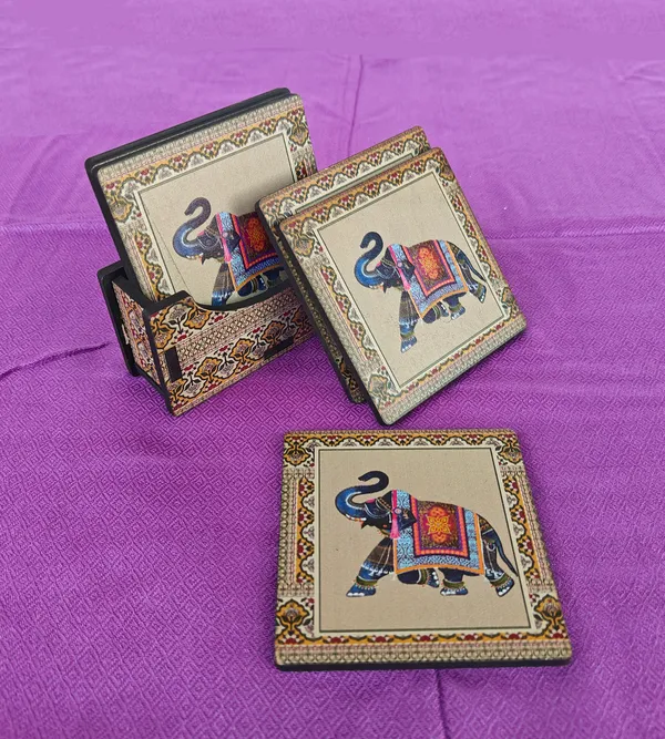 Rastogi_Handicrafts_Coaster_Set_of_6_Colorful_India_Theme_Design_Wooden_Coasters_to_Serve_Tea_Cups,_Coffee_Mugs_and_Glasses_(Blue_Ele_Coaster_Set)