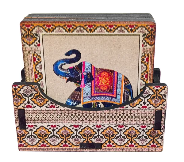 Rastogi_Handicrafts_Coaster_Set_of_6_Colorful_India_Theme_Design_Wooden_Coasters_to_Serve_Tea_Cups,_Coffee_Mugs_and_Glasses_(Blue_Ele_Coaster_Set)