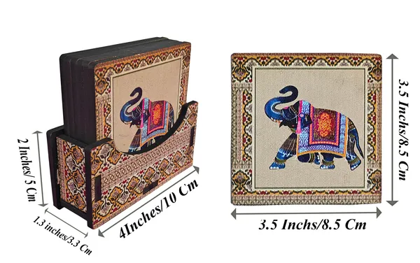 Rastogi_Handicrafts_Coaster_Set_of_6_Colorful_India_Theme_Design_Wooden_Coasters_to_Serve_Tea_Cups,_Coffee_Mugs_and_Glasses_(Blue_Ele_Coaster_Set)