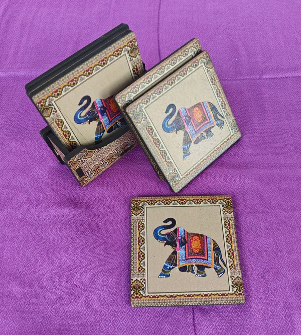 Rastogi_Handicrafts_Coaster_Set_of_6_Colorful_India_Theme_Design_Wooden_Coasters_to_Serve_Tea_Cups,_Coffee_Mugs_and_Glasses_(Blue_Ele_Coaster_Set)