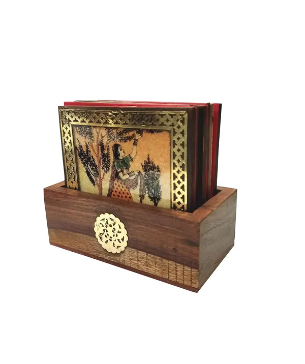 Brown_Gemstone_Painting_Pure_Brass_Tea_Coasters_Gift_Set_Gift_Set_Raghini_Coaster_Indian_Tradition