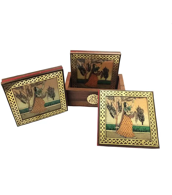 Brown_Gemstone_Painting_Pure_Brass_Tea_Coasters_Gift_Set_Gift_Set_Raghini_Coaster_Indian_Tradition
