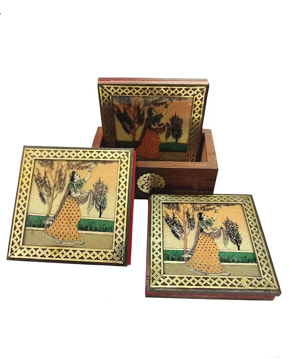 Brown_Gemstone_Painting_Pure_Brass_Tea_Coasters_Gift_Set_Gift_Set_Raghini_Coaster_Indian_Tradition