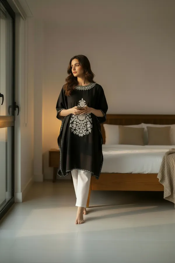 White_On_Black_Summer_Cool_Crushed_Cotton_Kashmiri_Aari_Embroidery_Kaftaan