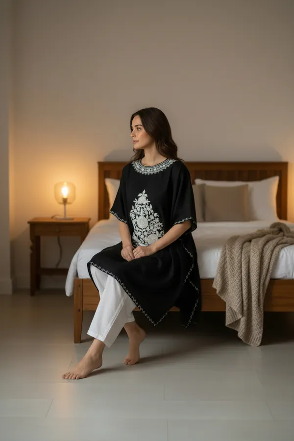 White_On_Black_Summer_Cool_Crushed_Cotton_Kashmiri_Aari_Embroidery_Kaftaan