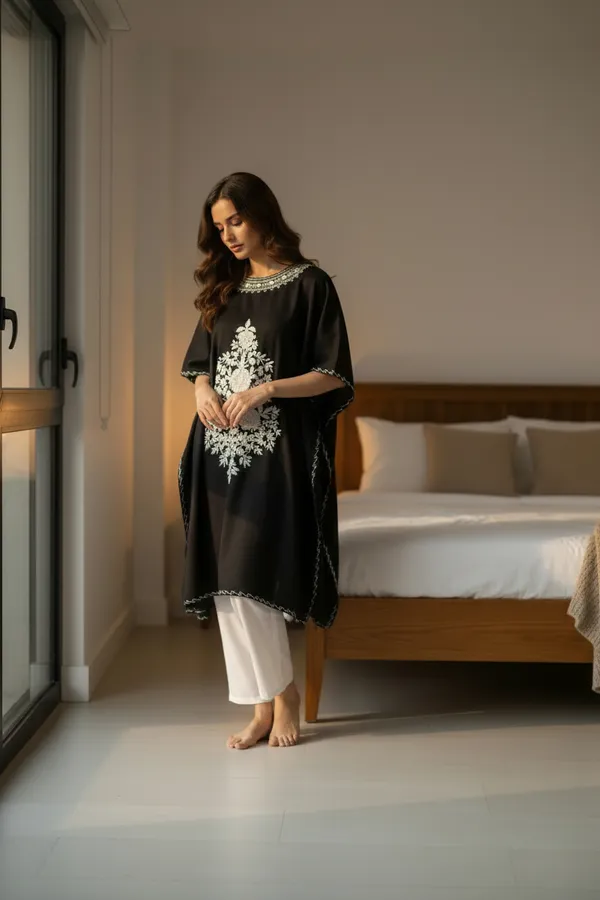 White_On_Black_Summer_Cool_Crushed_Cotton_Kashmiri_Aari_Embroidery_Kaftaan