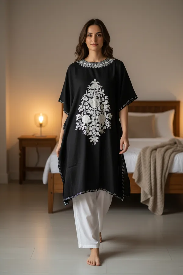 White_On_Black_Summer_Cool_Crushed_Cotton_Kashmiri_Aari_Embroidery_Kaftaan