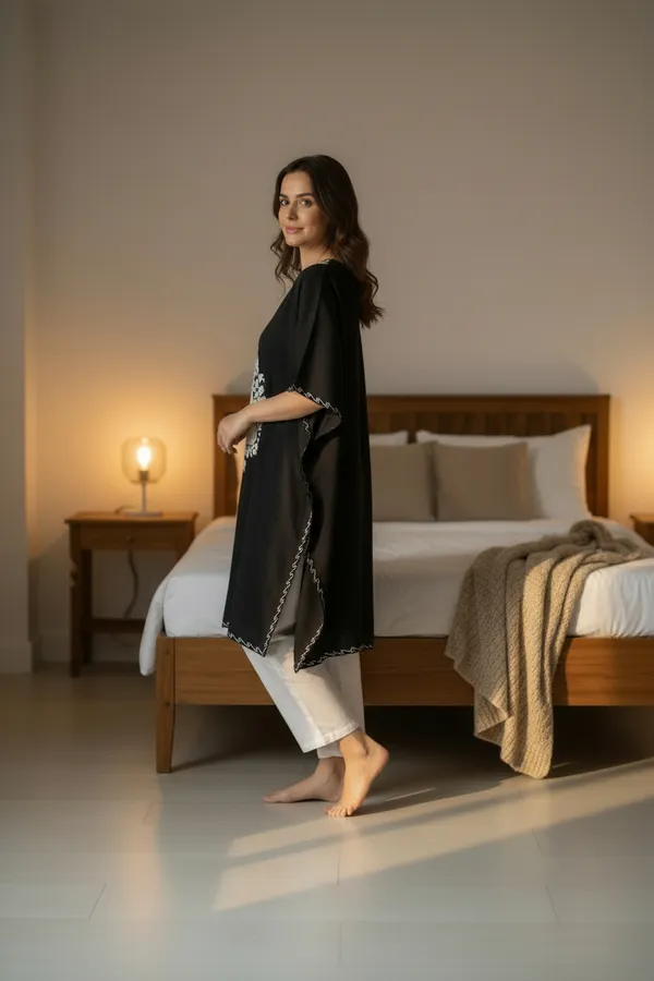 White_On_Black_Summer_Cool_Crushed_Cotton_Kashmiri_Aari_Embroidery_Kaftaan