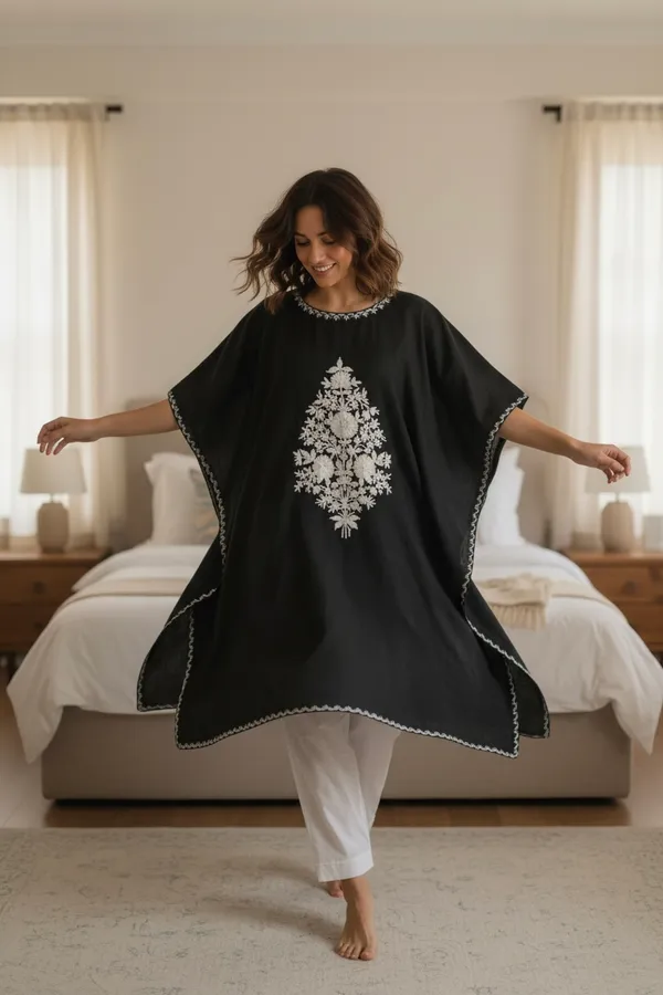 White_On_Black_Summer_Cool_Crushed_Cotton_Kashmiri_Aari_Embroidery_Kaftaan