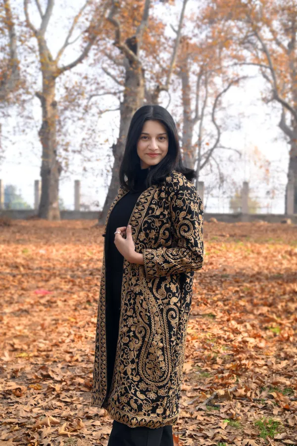 Black_Wool_Kashmiri_Long_Coat_With_Golden_Aari_Embroidery_Long_Coat_For_Women