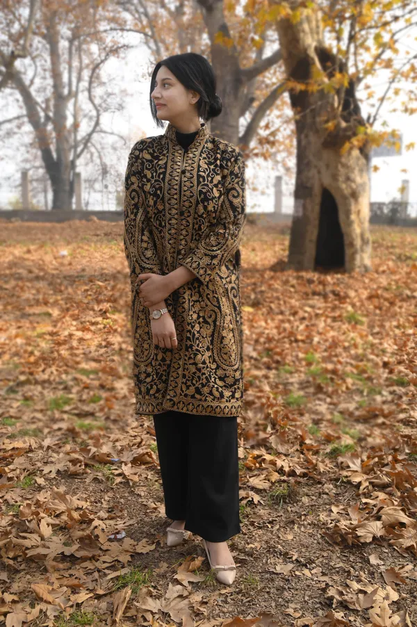 Black_Wool_Kashmiri_Long_Coat_With_Golden_Aari_Embroidery_Long_Coat_For_Women