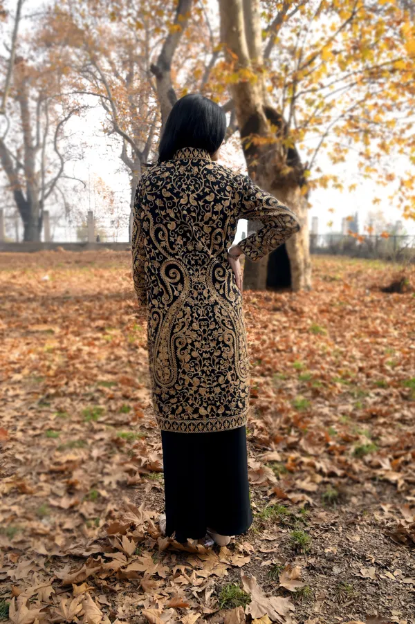 Black_Wool_Kashmiri_Long_Coat_With_Golden_Aari_Embroidery_Long_Coat_For_Women