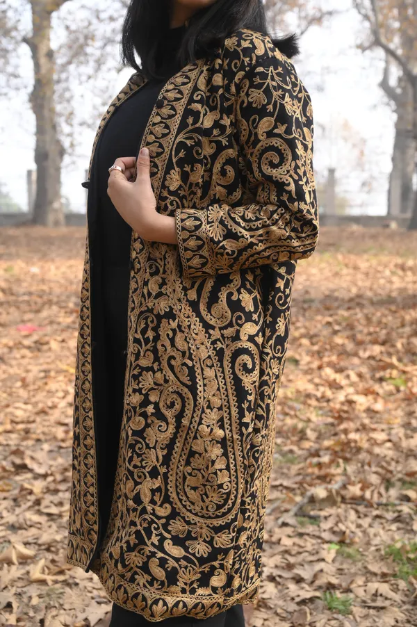 Black_Wool_Kashmiri_Long_Coat_With_Golden_Aari_Embroidery_Long_Coat_For_Women