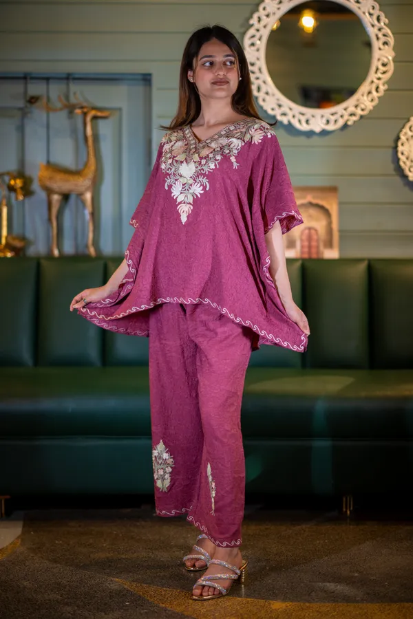 Plum_Short_Summer_Cool_Kashmiri_Aari_Embroidery_Crushed_Kaftaan_Cord_Set