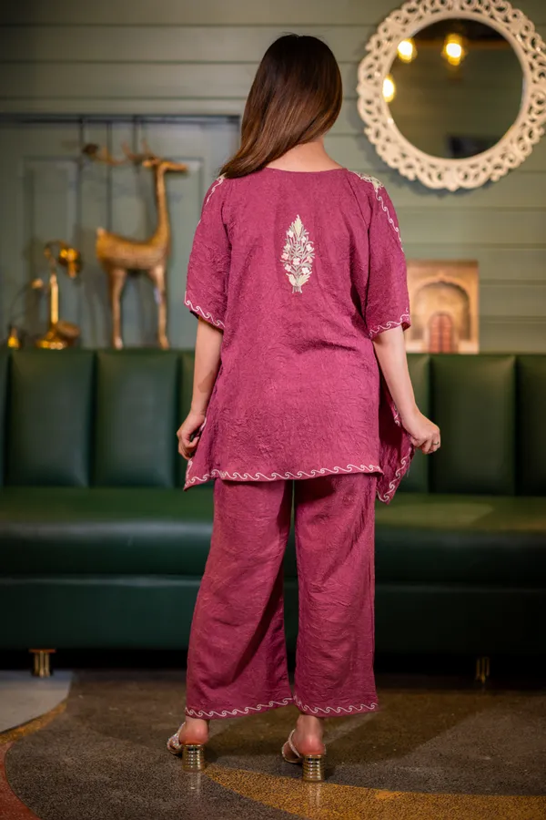Plum_Short_Summer_Cool_Kashmiri_Aari_Embroidery_Crushed_Kaftaan_Cord_Set